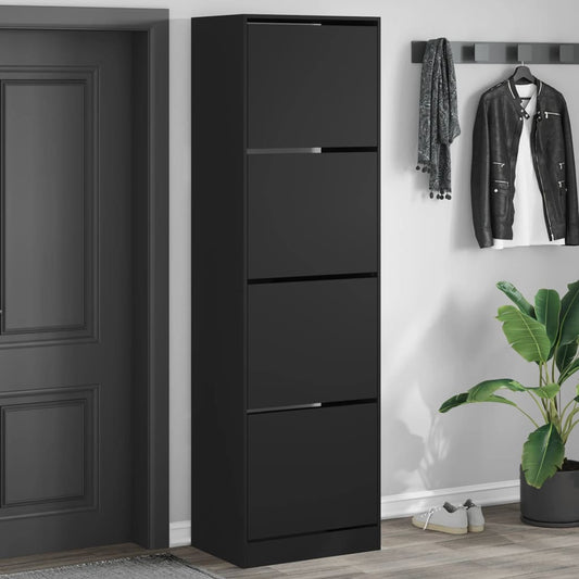 Shoe Cabinet with 4 Flip-Drawers Black 60x42x204 cm