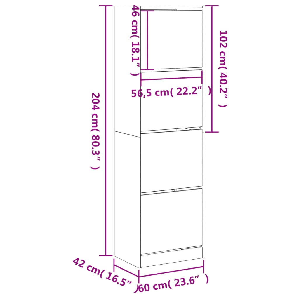 Shoe Cabinet with 4 Flip-Drawers Grey Sonoma 60x42x204 cm