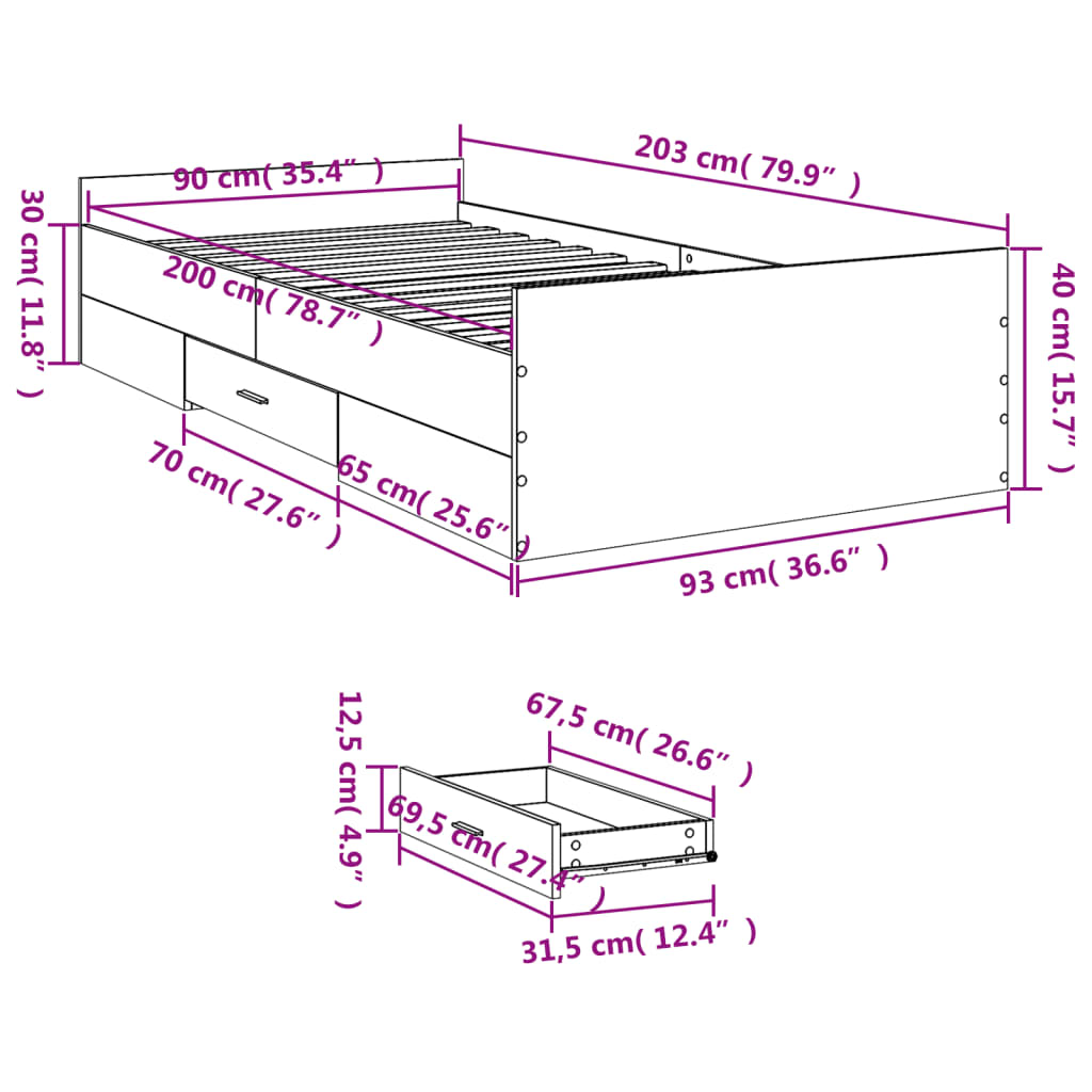 Bed Frame with Drawers without Mattress Grey Sonoma 90x200 cm